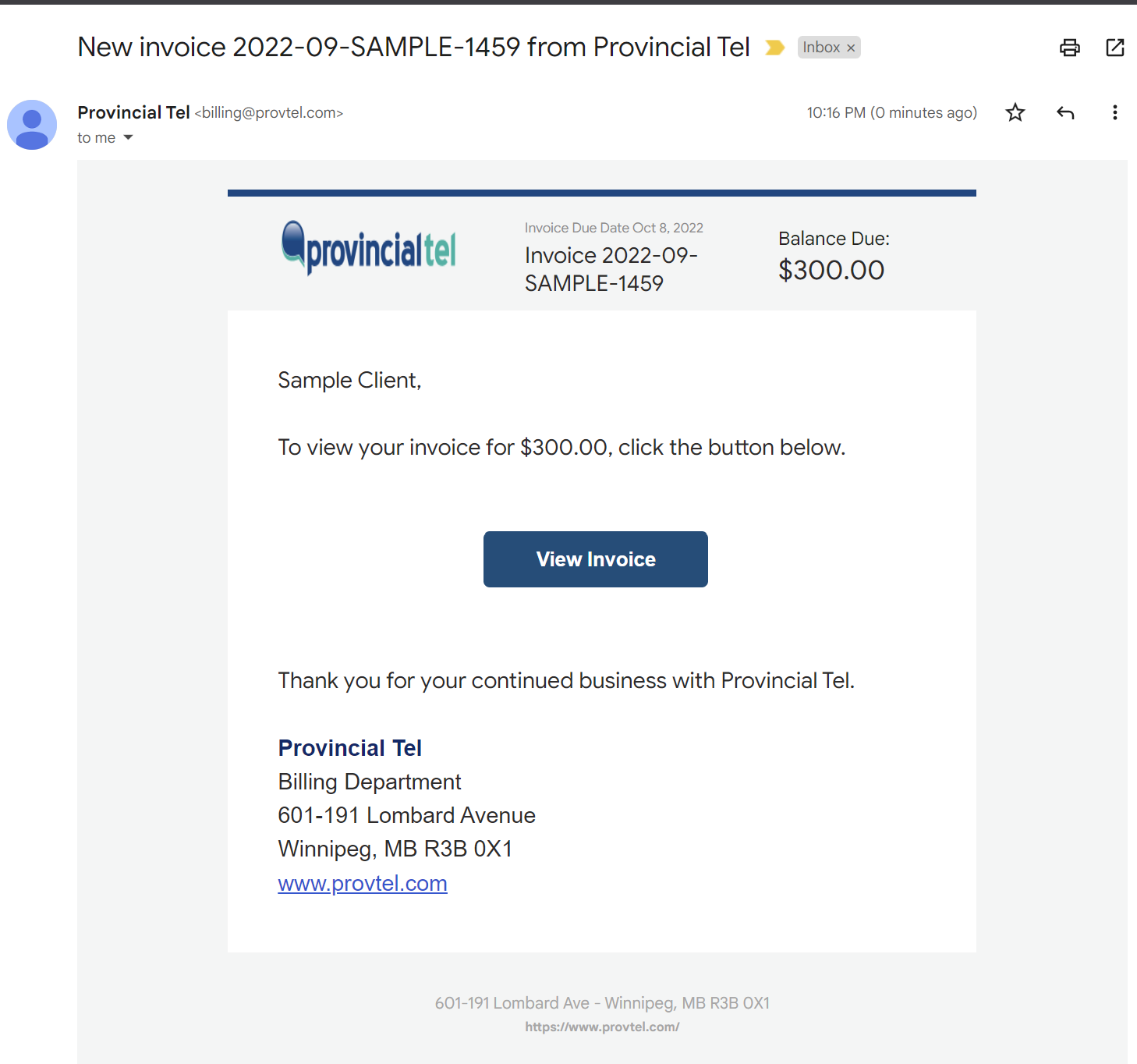 Accessing the Client Portal Invoice Email Sample