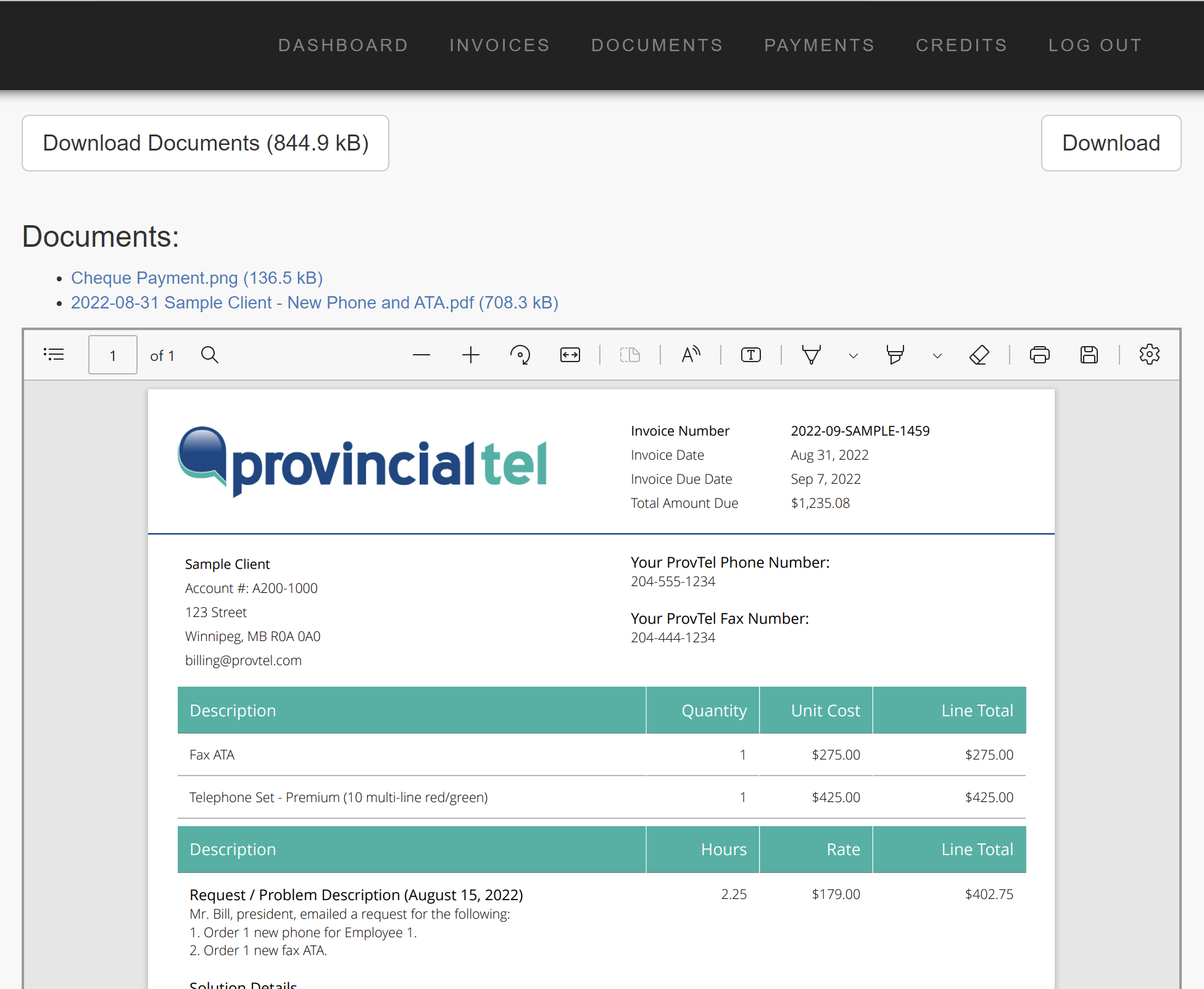 Client Portal - Sample Invoice Within Portal